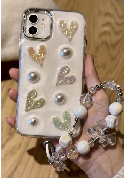 Paladyum Case Apple iPhone 11 Uyumlu Lux Işıltılı Inci Charmlı Kalpli Kılıf