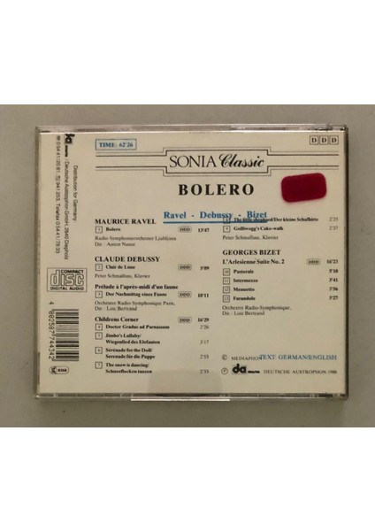 Bolero Ravel-Debussy-Bizet Cd (Orjinal 1988 Dönem Baskı)