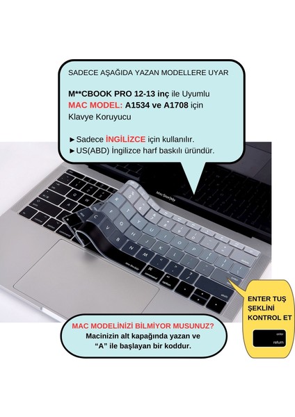 Laptop Macbook Pro Klavye Kılıf US(ABD) İngilizce Baskılı A1534 A1708 ile Uyumlu Ombre