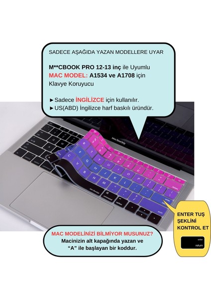Laptop Macbook Pro Klavye Kılıf US(ABD) İngilizce Baskılı A1534 A1708 ile Uyumlu Ombre