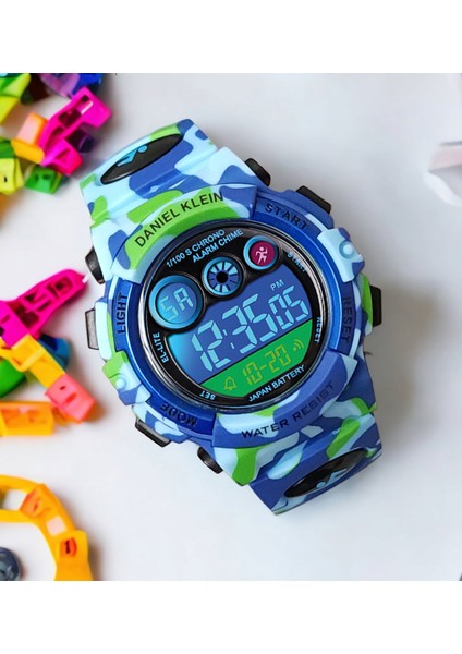 4 Farklı Işıklı, Alarmlı, Kronometreli Açık Mavi Kamuflaj Erkek Çocuk Kol Saati (5-10 Yaş)