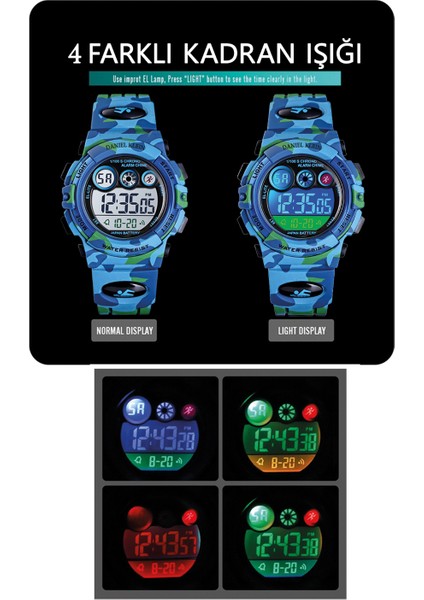 4 Farklı Işıklı, Alarmlı, Kronometreli Açık Mavi Kamuflaj Erkek Çocuk Kol Saati (5-10 Yaş) modelleri