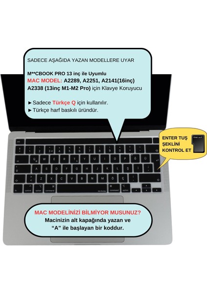 Macbook Pro Klavye Koruyucu 13inç M1-M2 (Türkçe Q) Touchbarlı A2251 A2289 A2338 A2141 ile Uyumlu