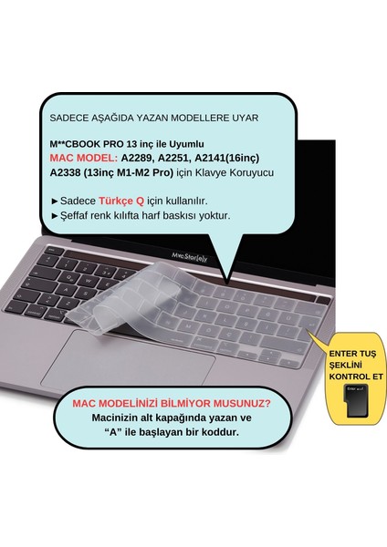 Macbook Pro Klavye Kılıfı 13inç M1-M2 Türkçe Q Baskı A2338 2289 2251 A2141 ile Uyumlu