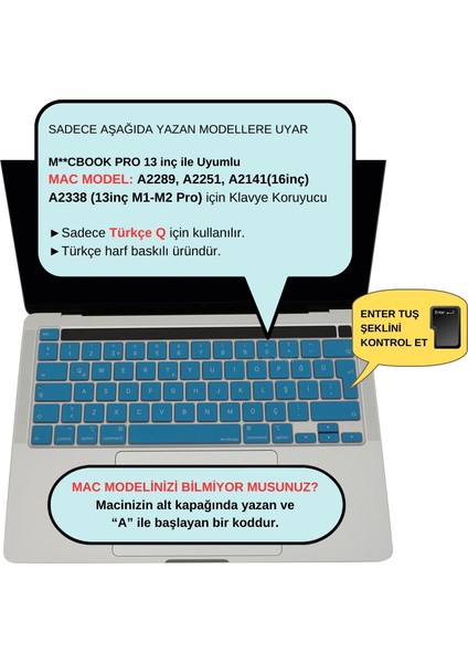 Macbook Pro Klavye Kılıfı 13inç M1-M2 Türkçe Q Baskı A2338 2289 2251 A2141 ile Uyumlu