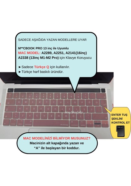 Mcstorey Macbook Pro Klavye Kılıfı 13INÇ M1-M2 Türkçe Q Baskı A2338 2289 2251 A2141 ile Uyumlu