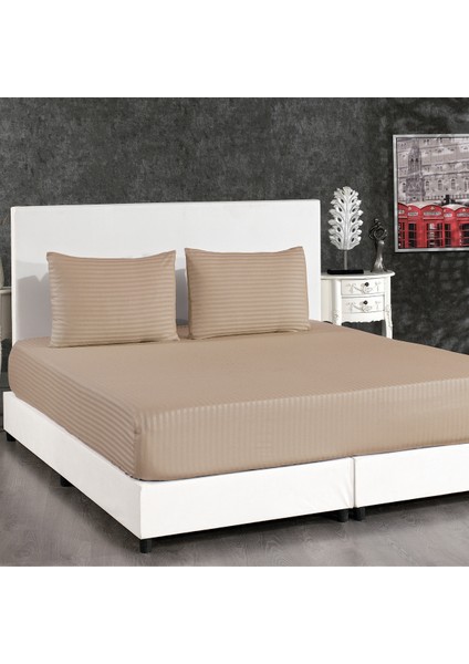 Pamuk Saten 180X200 Çift Kişilik Çizgili Lastikli Çarşaf Seti