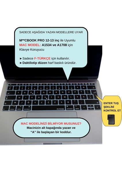 Laptop Macbook Pro Klavye Kılıf F-Türkçe DaktiloTip Baskı A1534 A1708 ile Uyumlu