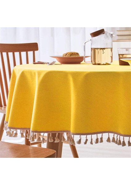 Sıvıya Dayanıklı Yuvarlak Dertsiz Püsküllü Masa Örtüsü Sarı