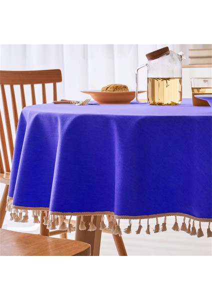 Sıvıya Dayanıklı Yuvarlak Dertsiz Püsküllü Masa Örtüsü Saks Mavi