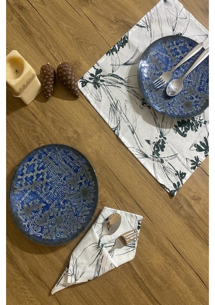 6'lı Yeşil Çiçekli Keten Servis Sunum Peçetesi fiyatları