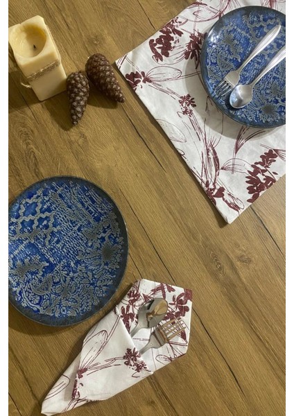 6'lı Bordo Çiçekli Keten Servis Sunum Peçetesi