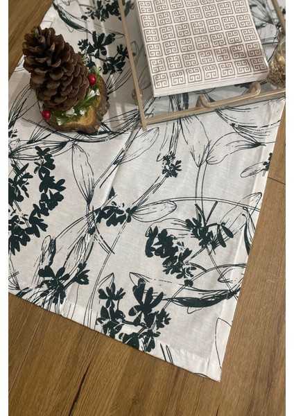 40X150 Yeşil Çiçekli Ince Keten Dekoratif Runner