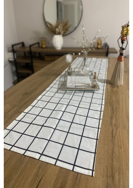 40X150 Siyah Beyaz Kareli Ince Keten Dekoratif Runner