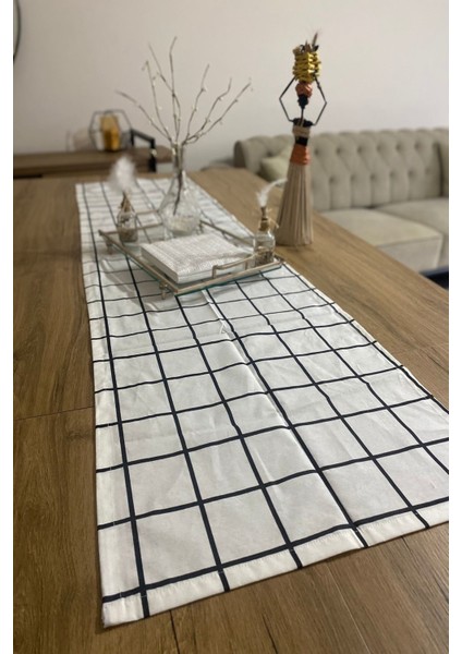 40X150 Siyah Beyaz Kareli Ince Keten Dekoratif Runner