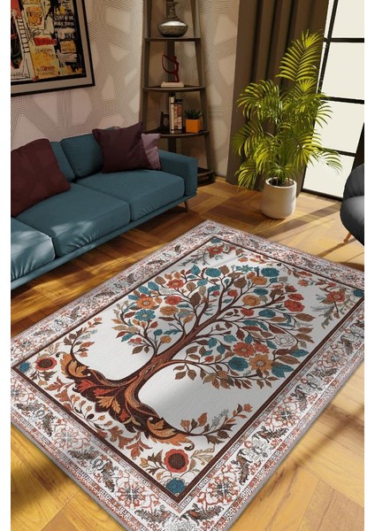 Art Deco Hayat Ağacı Vintage Halı Görünümlü Dijital Baskı Renkli Halı Rustik Çiçekli Halı