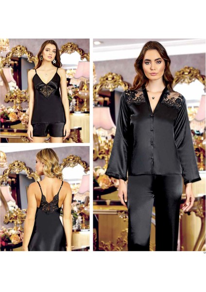 S215 Saten Kısa Dantelli 6 Lı Set -Siyah - - Xl