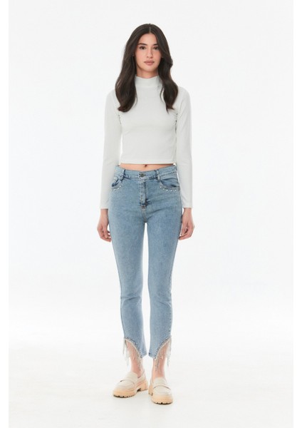 Taşlı Yüksek Bel Straight Fit Kız Çocuk Jean