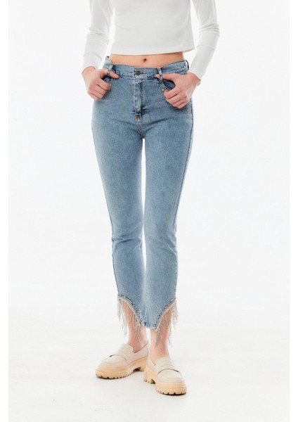 Taşlı Yüksek Bel Straight Fit Kız Çocuk Jean fiyatları