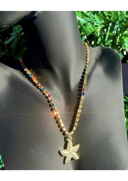 Renkli Rhinestone Taşlı ve Yıldızlı Uzun Su Yolu Kolye