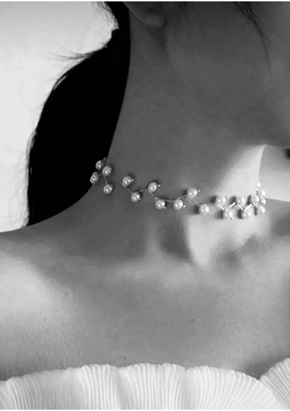 Incili Choker Tasma Kolye - Silver