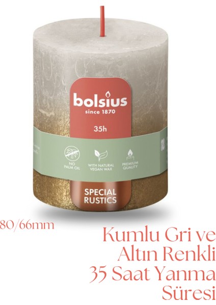 Kumlu Gri Ve Altın Renkli Rustik Sütun Mum - 80mm/66mm - 35 Saat Yan Ma Süresi (2'Li Paket)