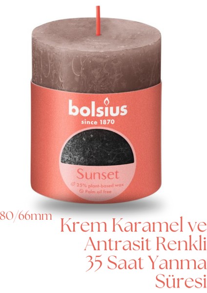 Krem Karamel Ve Antrasit Renkli Rustik Sütun Mum - 80mm/66mm - 35 Saat Yan Ma Süresi (2'Li Paket)