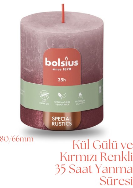 Kül Gülü Ve Kırmızı Renkli Rustik Sütun Mum - 80mm/66mm - 35 Saat Yan Ma Süresi (2'Li Paket)