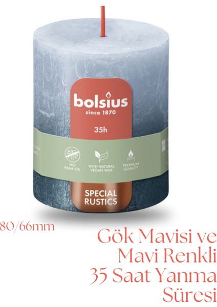 Gök Mavisi Ve Mavi Renkli Rustik Sütun Mum - 80mm/66mm - 35 Saat Yan Ma Süresi (2'Li Paket)