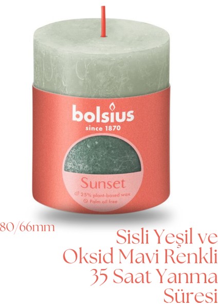 Sisli Yeşil Ve Oksid Mavi Renkli Rustik Sütun Mum - 80mm/66mm - 35 Saat Yan Ma Süresi (2'Li Paket)