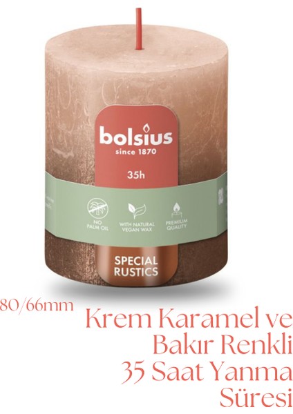 Krem Karamel Ve Bakır Renkli Rustik Sütun Mum - 80mm/66mm - 35 Saat Yan Ma Süresi (2'Li Paket)