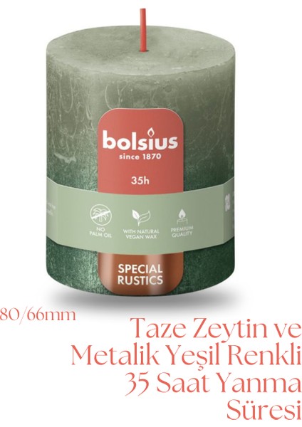 Taze Zeytin Ve Metalik Yeşil Renkli Rustik Sütun Mum - 80mm/66mm - 35 Saat Yan Ma Süresi (2'Li Paket)