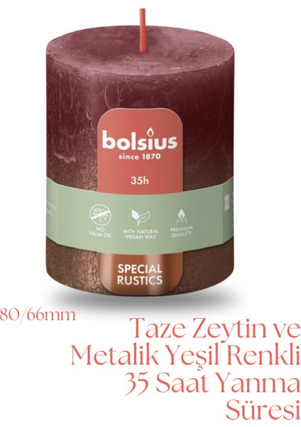 Kadife Kırmızısı Ve Bakır Renkli Rustik Sütun Mum - 80mm/66mm - 35 Saat Yan Ma Süresi (2'Li Paket)