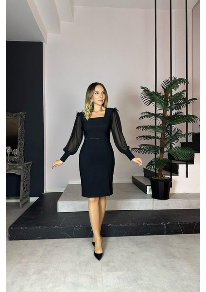G0858 Otriş Detaylı Kare Yaka Abiye Elbise Siyah