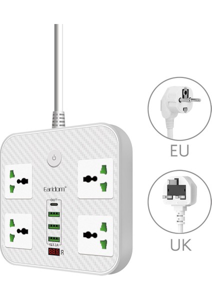 SC06 8‑in‑1 Akıllı Priz Dönüştürücü – 1 PD + 3 USB Çıkışı, Çocuk Korumalı, USB Girişli Seyahat Adaptörü