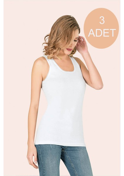 Dantelli Kalın Geniş Askılı Ribana Kadın Beyaz Atlet 3 Adet