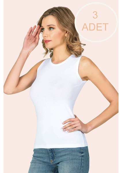Kalın Askılı Sıfır Yaka Sıfır Kol Kadın Atlet Beyaz 3 Adet