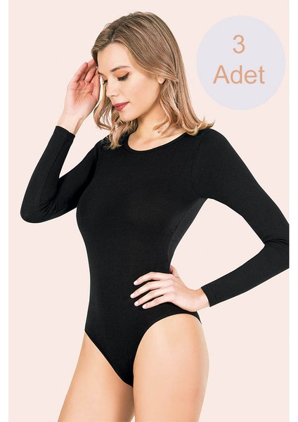 Uzun Kol Likralı Çıtçıtlı Kadın Body Atlet Zıbın Siyah 3 Adet