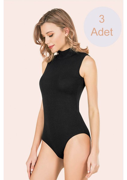 Boğazlı Japone Kol Likralı Çıtçıtlı Kadın Siyah Body Atlet 3 Adet