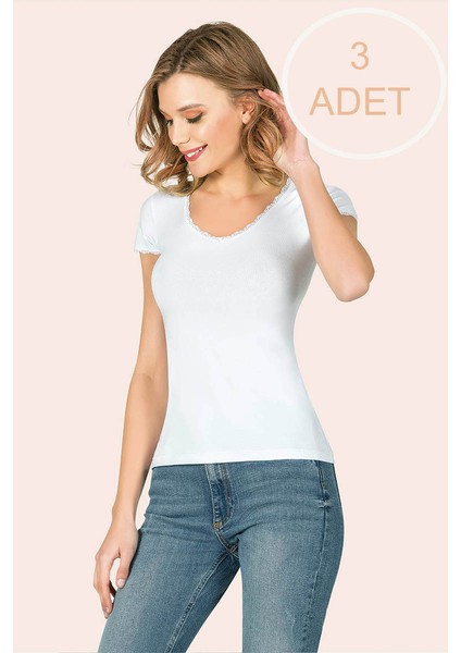 V Yaka Dantelli Yarım Kol Kadın Atlet Beyaz 3 Adet