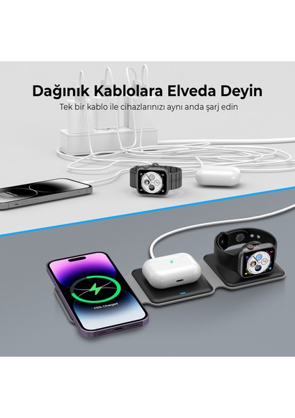 BXMW2 3’ü 1 Arada 15W iPhone Apple Watch Tws Kulaklık Uyumlu Katlanabilir Şarj Standı Kablosuz Şarj Istasyonu Siyah