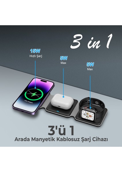 BXMW2 3’ü 1 Arada 15W iPhone Apple Watch Tws Kulaklık Uyumlu Katlanabilir Şarj Standı Kablosuz Şarj Istasyonu Siyah