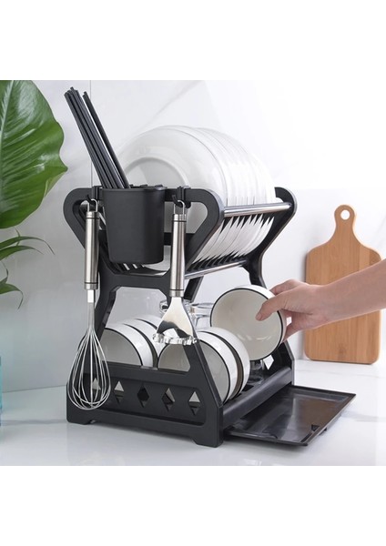 Siyah Bir Stil 2 Katmanlar Kurutma Rafı Ev Mutfak Drenaj Depolama Rafı Chopstick Kafes Bulaşık Filtre Rafı Sofra Organizatör Tepsi Rafı (Yurt Dışından)