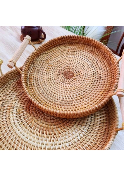 A3 Stili Hasır Saklama Sepeti Rattan Saklama Tepsisi El Dokuması Saplı Yuvarlak Sepet Rattan Tepsi Ekmek Meyve Yemek Kahvaltı Tepsisi (Yurt Dışından)