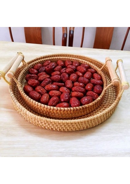 A3 Stili Hasır Saklama Sepeti Rattan Saklama Tepsisi El Dokuması Saplı Yuvarlak Sepet Rattan Tepsi Ekmek Meyve Yemek Kahvaltı Tepsisi (Yurt Dışından)