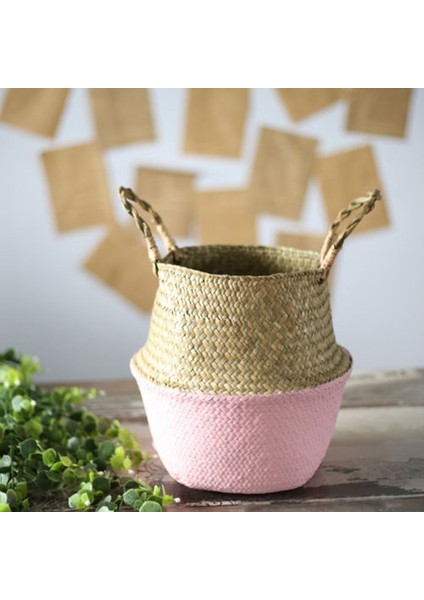 Pembe Tarzı 1 Adet Bahçe Çiçek Vazo Saplı Asılı Sepet Depolama Karınlı Sepet Ev Katlanabilir Doğal Seagrass Dokuma Saklama Potası (Yurt Dışından)
