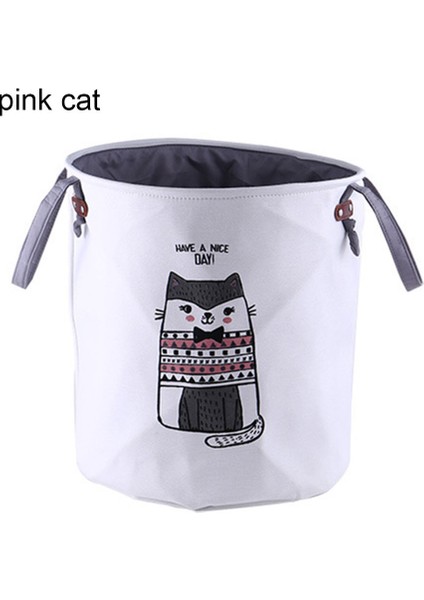Pembe Kedi Stili Sevimli Dinozor Bebek Çamaşır Sepeti Katlanabilir Oyuncak Depolama Kovası Kirli Giysiler Sepet Kutusu Tuval Organizatör Karikatür Hayvan (Yurt Dışından)