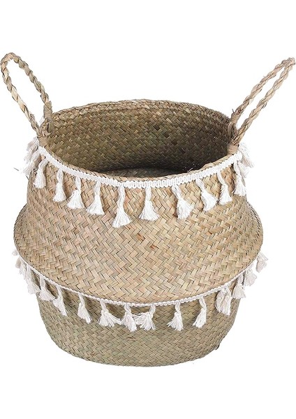04 Stili Yazın ORTA-27CMX24CM Whısm Katlanabilir Hasır Sepet Deniz Çayı Giysileri Çamaşır Depolama Sepeti Püsküller Asılı Saksı Organizatör Ev Dekorasyon (Yurt Dışından)