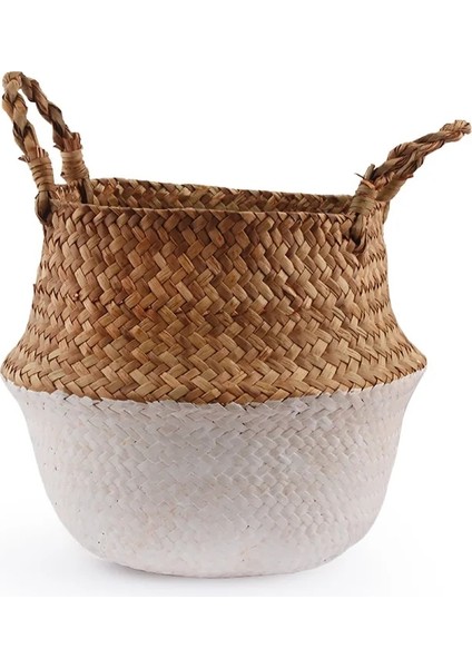 Shanhua Shop Beyaz Stil 22CM x 20CM Çiftlik Evi Boho Ev Dekor Depolama Sepeti El Yapımı Saman Organizatör Saksı Çiçek Ekici Kreş Tencere Panier Osier Mimbre (Yurt Dışından)