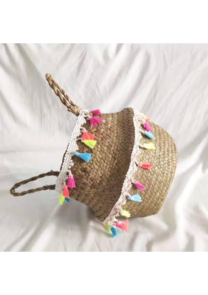 E Stili 22X20CM Katlanabilir Seagrass Belly Dokuma Sepet Çiçek Bitkiler Pom Pom Ball ile Tencere Püskül Saklama Çantası Ev Dekor (Yurt Dışından) fiyatları